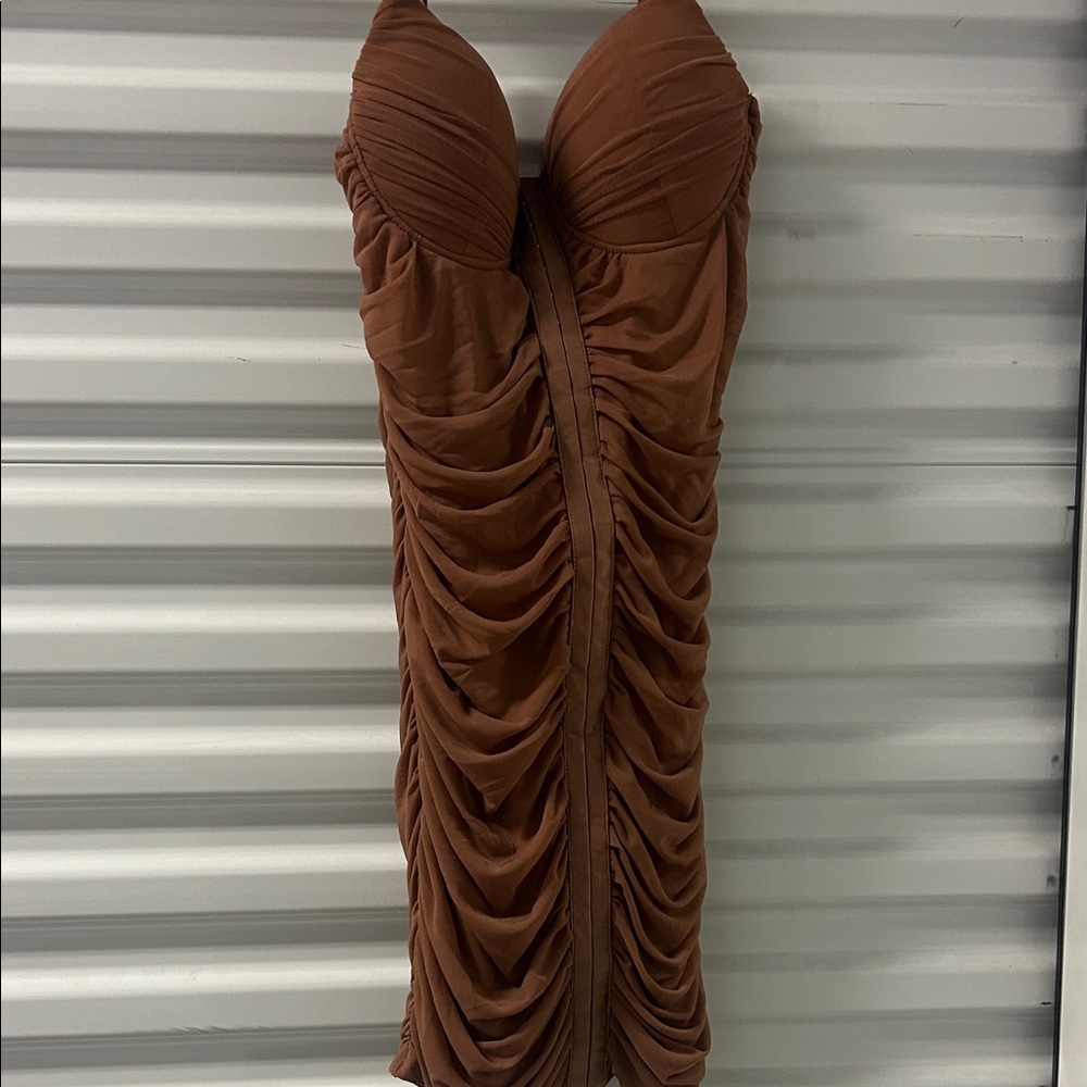 Chic Brown Ruched Mini Dress #DR004
